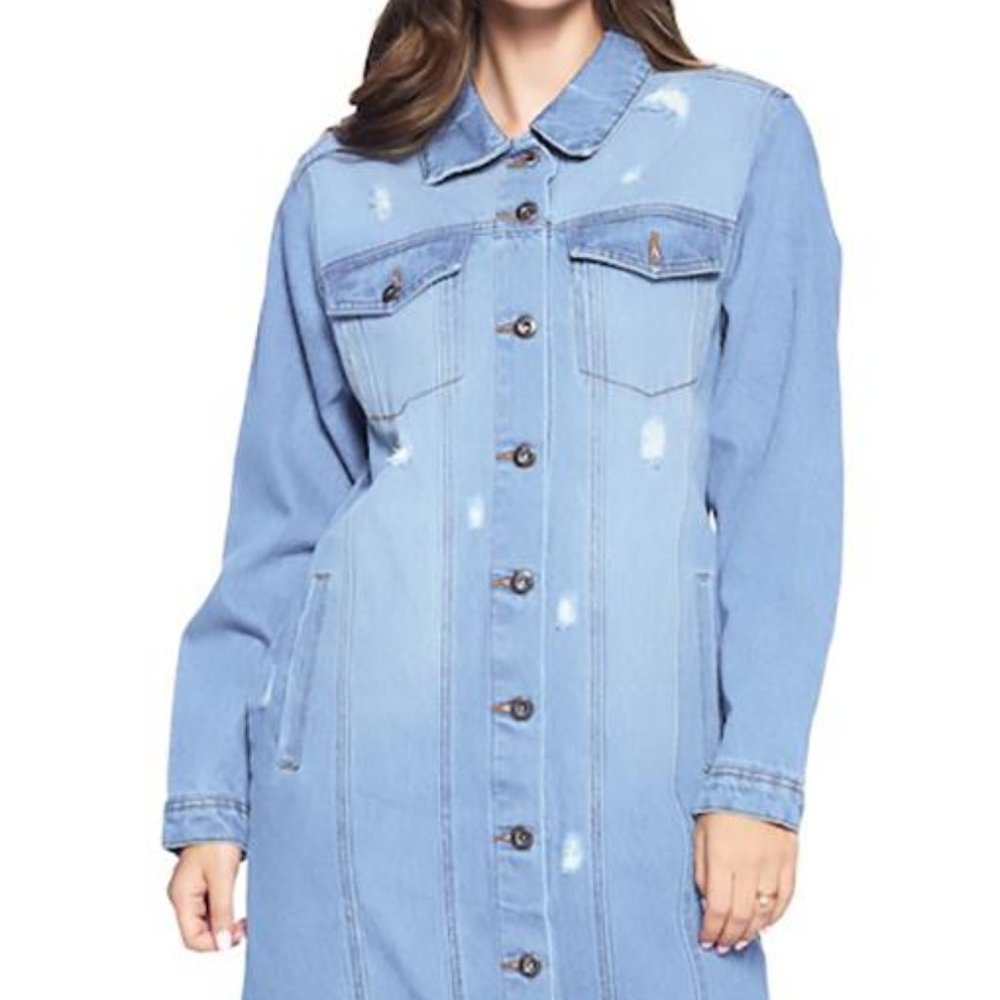 NWT Long Line Distressed Denim Coat, Button Down Duster, Pockets, Faded Blue - Picture 5 of 6